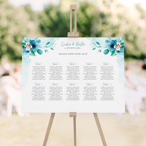 Bruiloft zitplaatsen grafiek kaart afdrukbare sjabloon blauwe turquoise bloemen, Ocean Breeze zitplaatsen teken, digitale Instant Download - BLAUWE SERENITEIT