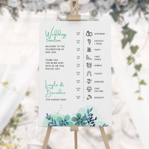 Wedding Timeline Green Pastel Flowers, Printable Watercolor Flowers Order Of Events Sign, Digital Template, Instant Download - LAYLA GREEN