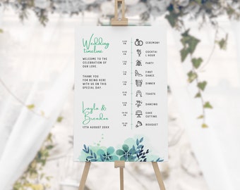 Wedding Timeline Green Pastel Flowers, Printable Watercolor Flowers Order Of Events Sign, Digital Template, Instant Download - LAYLA GREEN