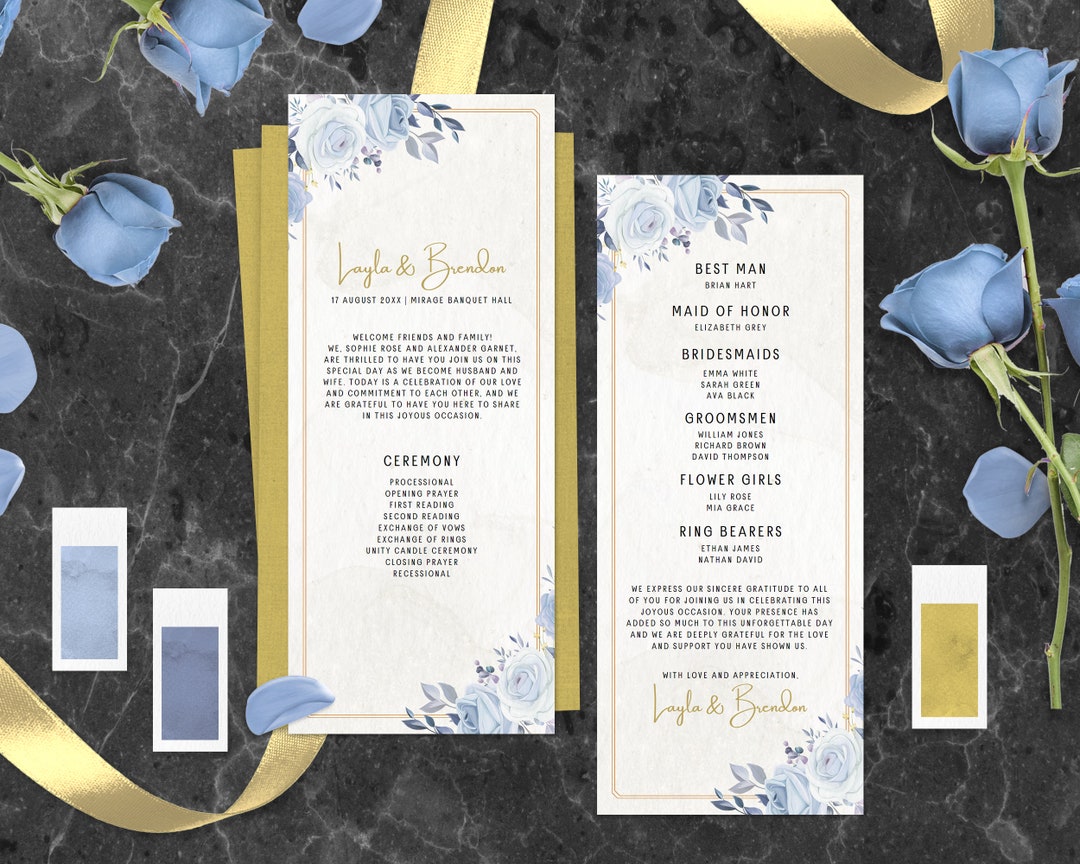 Wedding Program Template Gentle White Roses, Editable Gold Watercolor ...