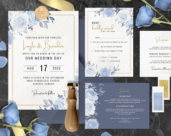 Wedding Invitation Set Template Gentle White Roses, Editable Gold Watercolor Roses Invites Bundle, Digital Instant Download - WHITE ROSES