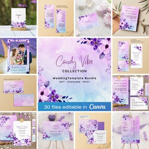 Könnte beinhalten: Eine Sammlung von 30 editierbaren Hochzeitvorlagen in Canva. Die Vorlagen verfügen über einen Aquarellhintergrund mit lila und blauen Blumen und dem Text "Candy Vibe Collection" und "Wedding Template Bundle".