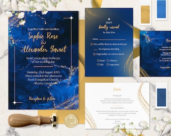 Wedding Invitation Set Template Blue Marble, Editable Elegant Star Marble Invites Bundle, Digital Instant Download - MARBLE WITH STARS
