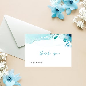 Blauwe turquoise bloemen dank u notitie kaartsjabloon, afdrukbare bruiloft Ocean Breeze gevouwen enkele kaart, digitale download - BLAUWE SERENITEIT