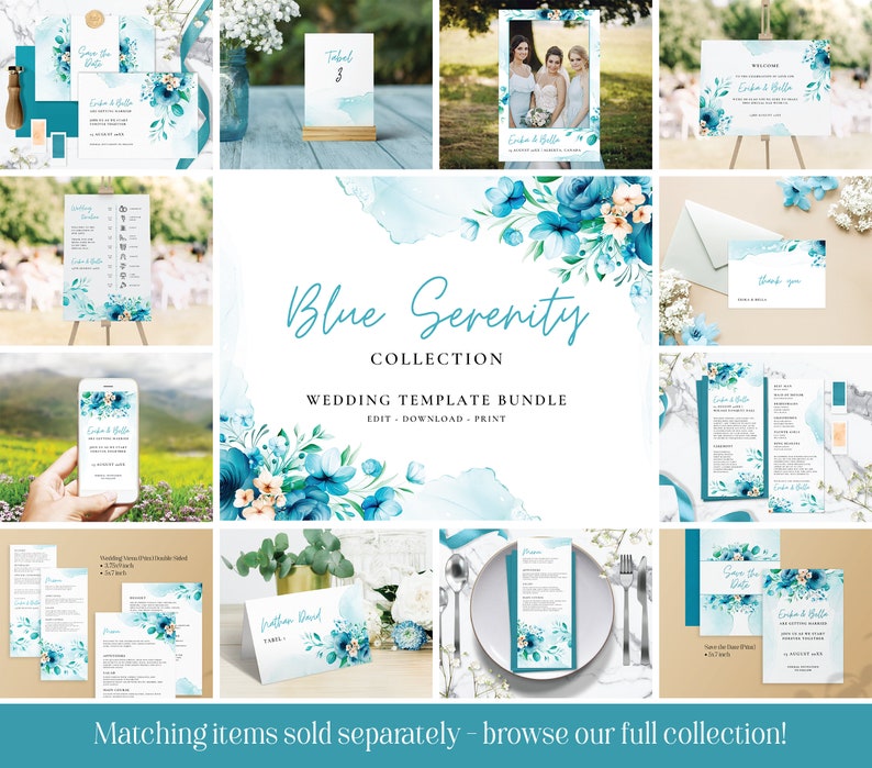 Wedding Photo Booth Cutout Blue Turquoise Flowers, Editable Selfie Frame Template Ocean Breeze, Digital Instant Download BLUE SERENITY image 4