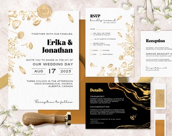 Wedding Invitation Set Template Elegant Golden Flowers, Editable Gold Yellow Flowers Invites Bundle, Digital Instant Download - GOLD FLOWERS