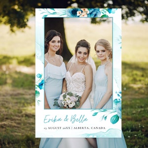 Wedding Photo Booth Cutout Blue Turquoise Flowers, Editable Selfie Frame Template Ocean Breeze, Digital Instant Download BLUE SERENITY image 1