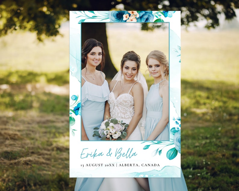 Wedding Photo Booth Cutout Blue Turquoise Flowers, Editable Selfie Frame Template Ocean Breeze, Digital Instant Download BLUE SERENITY image 1