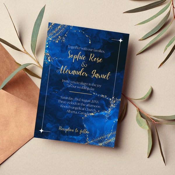 Wedding Invitation Blue Marble, Editable Elegant Star Marble, Digital Template, Wedding Template, Instant Download - MARBLE WITH STARS