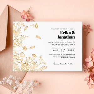 Wedding Invitation Golden Flowers, Editable Gold Yellow Flowers, Digital Template, Wedding Template, Instant Download - GOLD FLOWERS