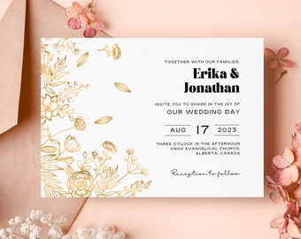 Wedding Invitation Golden Flowers, Editable Gold Yellow Flowers, Digital Template, Wedding Template, Instant Download - GOLD FLOWERS