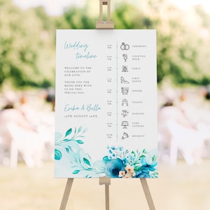 Bruiloft tijdlijn blauwe turquoise bloemen, afdrukbare Ocean Breeze volgorde van evenementen teken, digitale sjabloon, Instant Download - BLAUWE SERENITEIT