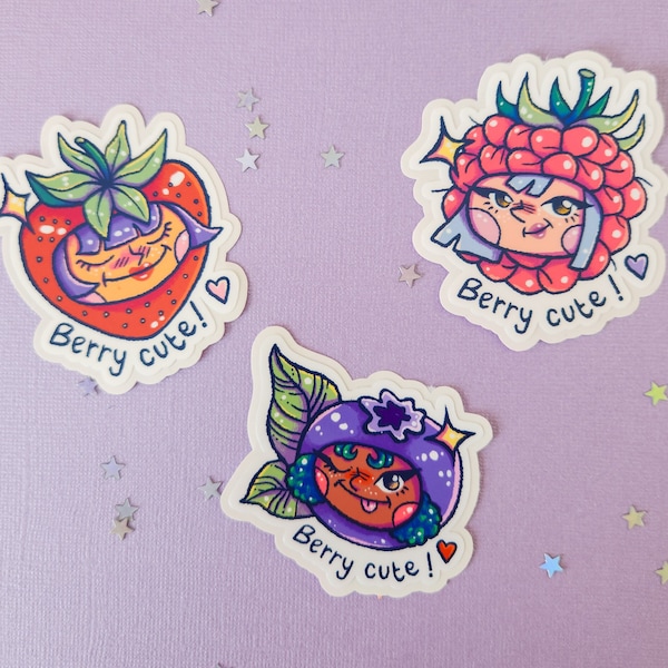 Cute funny berry cute individual waterproof glossy sticker mignon colorfull kawaii strawberry raspberry and blueberry