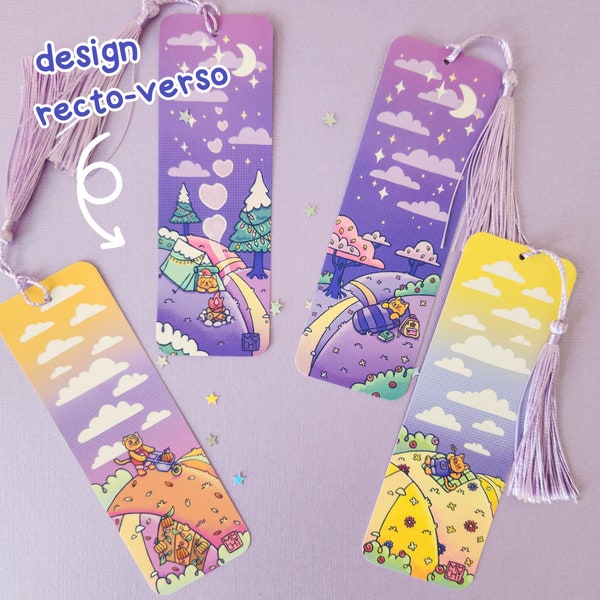 Cute small bookmark landscape paysage mignon funny colorfull kawaii children drawing little cat marque-page recto verso