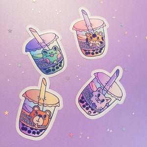 Cute animal drink bubble tea individual waterproof glossy sticker boisson mignon kawaii matcha taro brown sugar and strawberry