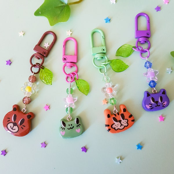Cute handmade bear frog tiger and cat animals keycharm keychain  porte-clé mignon fait main ours grenouille tigre et chat animaux