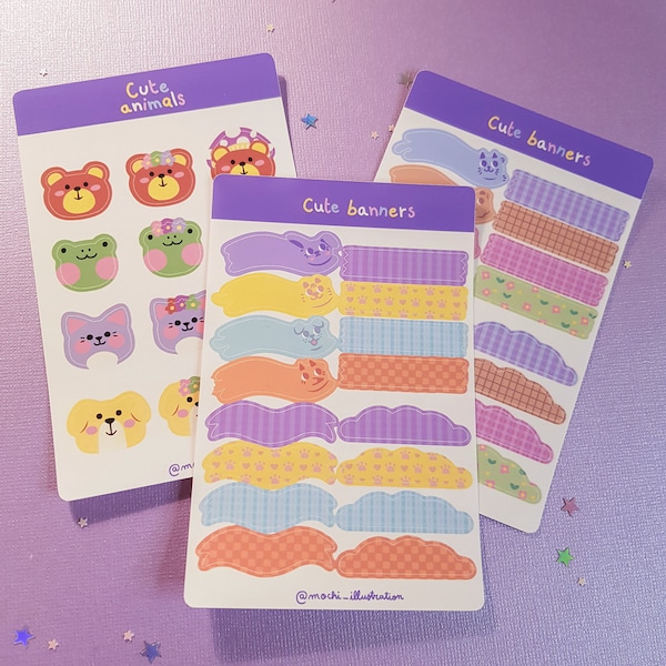 Cute funny animals and banners stickers sheet feuille de stickers mignon colorfull kawaii mignon animaux et bannière pour journaling