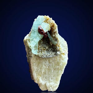 Natural Aquamarine Cluster Combine Garnet Crystal Specimen, Natural Blue Terminated Aquamarine Cluster  From Skardu ~ 106 Gram