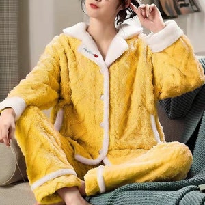 Ensemble pyjama femme chaud et épais costume pyjama polaire moelleux avec  panta