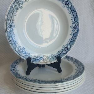 6 Earthenware soup plates, Morocco, Moulin des Loups, St Amand, circa 1900, oriental colonial decoration, antique French faience