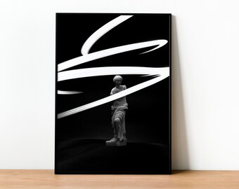 Impresión fotográfica en blanco y negro de la estatua de Venus: Arte Iluminado (Descarga Instantánea)