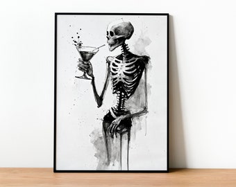 Skeleton Print Instant Download Funny Skeleton Drawing Halloween Gift for New Home Art Print Wall Decor Modern Minimalist Drawing