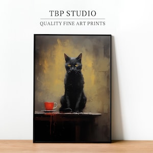 Printable Vintage Black Cat Painting, Black Moody Print, Cat Vintage Print, Cat Print Wall Decor, Animal Wall Print, Black Cat Prints