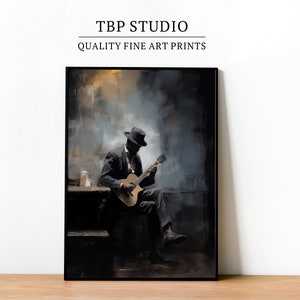 Blues Music Minimalist Wall Decor Art. Instant Download. Blues musician in a smoky bar Portrait Gift for musician blues player art