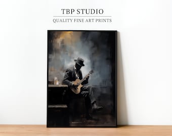 Impresión artística de un músico de blues: Escena de bar con humo (descarga instantánea)