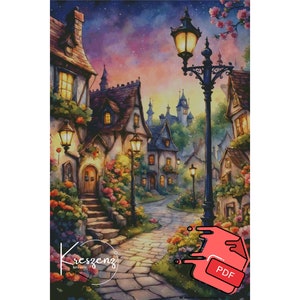 Könnte beinhalten: Ein Aquarellgemälde einer malerischen, gepflasterten Straße, die von charmanten Häusern gesäumt ist, die sich in der Abenddämmerung befinden. Die Straße wird von leuchtenden Straßenlaternen und Fenstern beleuchtet, was eine warme und einladende Atmosphäre schafft. Der Himmel ist ein lebendiges Gemisch aus Lila, Rosa und Blau mit funkelnden Sternen.