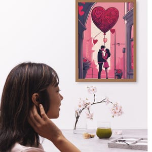 Romantic Love Wall Art | Valentines Day Poster | Couple Poster with Hanging Heart | | Gift for Couples | Anniversary Gift | Art Poster 7706