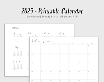 2025 Monthly Calendar | Printable | Letter Size | PDF | Sunday Starts | Minimal and Simple | Wall Calendar | Instant Download