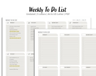 Printable & Digital, Undated Weekly To Do List, Daily Planner, A4, Letter Size, 5 colors