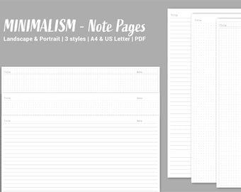 Printable & Digital Notiz Seiten Bundle, Lined/liniert, Gitter/Squared, Dot Grid, 24 Vorlagen, Quer- und Hochformat, A4, Letter Format