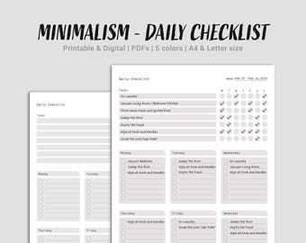 Printable & Digital Undated Daily To Do List, Minimalist Checklist, household, A4, Letter size, 5 colors