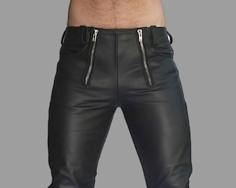 Mens Handmade Cow Leather Pants: Skin Fit Zipper Jeans