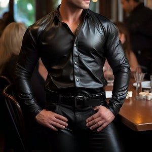 Mens Classic Style Black Leather Shirt Lambskin Leather Shirt Gift for ...