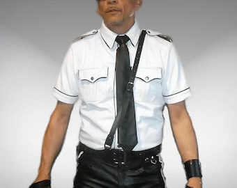 Men's White Sheep Leather Biker Shirt - Handmade Police Uniform
