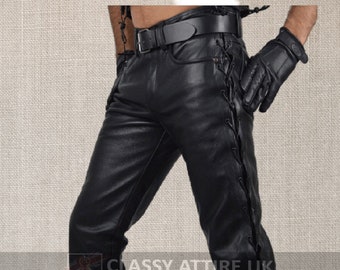 Handmade Cow Leather Pants – Side Lace Black Leather Jeans - Etsy