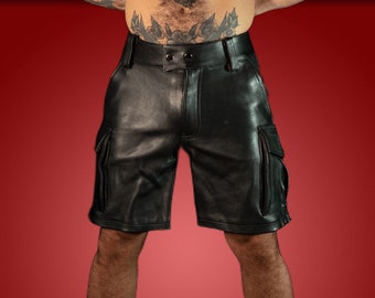 Mens Genuine Leather 6 Pockets Cargo Shorts - Summer Shorts - Sports Shorts - Biker Shorts - Gym Shorts - Handmade Real Leather Shorts