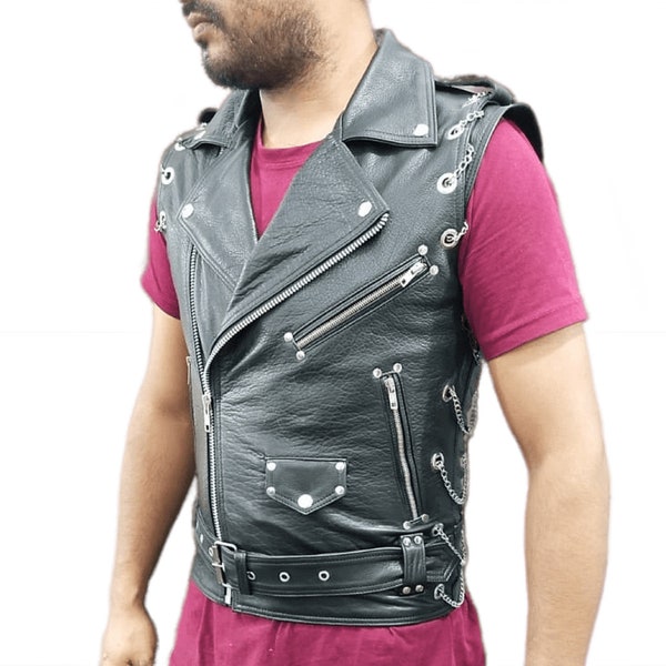 Men's Real Cow Leather Heavy Duty Chains Biker Vest - Motorcycle Vest - Punk Vest - Gift for Him - Mens Vest - Handmade Genuine Leather Vest