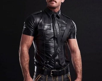 Camicia da motociclista in pelle di pecora nera fatta a mano: uniforme da poliziotto da uomo
