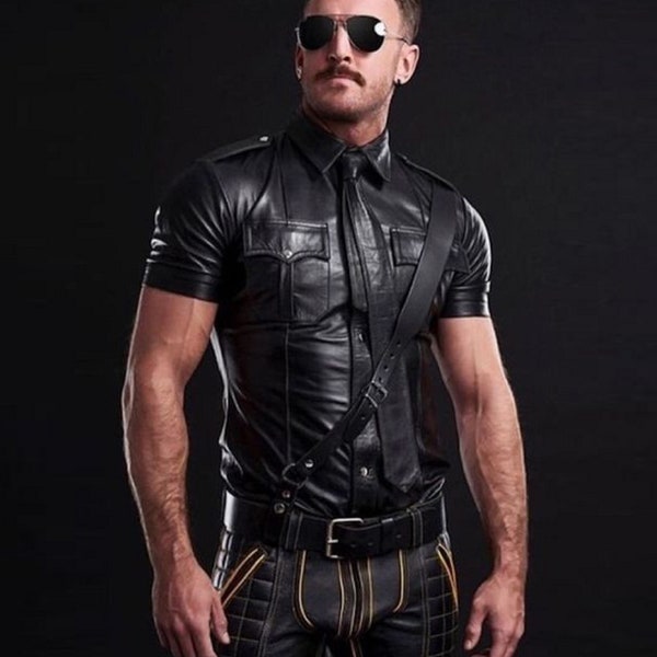Men's Real Leather Biker T Shirt Black Sheep Leather Shirt Gift for Boyfriend - Handmade Police Leather Uniform Leather Shirt