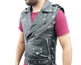 Men's Real Cow Leather Heavy Duty Chains Biker Vest - Motorcycle Vest - Punk Vest - Gift for Him - Mens Vest - Handmade Genuine Leather Vest