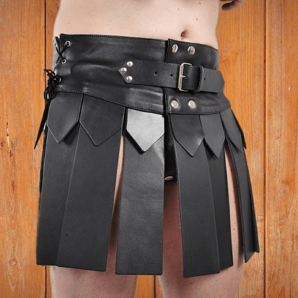 Mens Leather Gothic Kilt - Gladiator Kilt - Leather Warrior Kilt - Black Steampunk Kilt - Genuine Leather Kilt