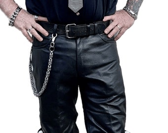 Handmade Black Leather Biker Pants with White Stripe