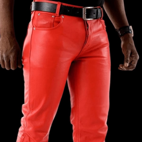 Genuine Sheep Skin Leather Pants Leather Jeans Red Pants Gift for Men - Handmade Real Leather Pants