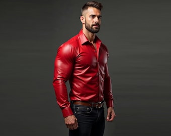 Handmade Red Lambskin Leather Shirt - Classic Mens Style