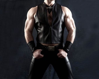Sleeveless Leather Mens Top Leather Vest - Handmade Genuine Cow Leather Vest