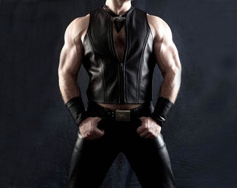 Handmade Cow Leather Biker Vest - Sleeveless Mens Top